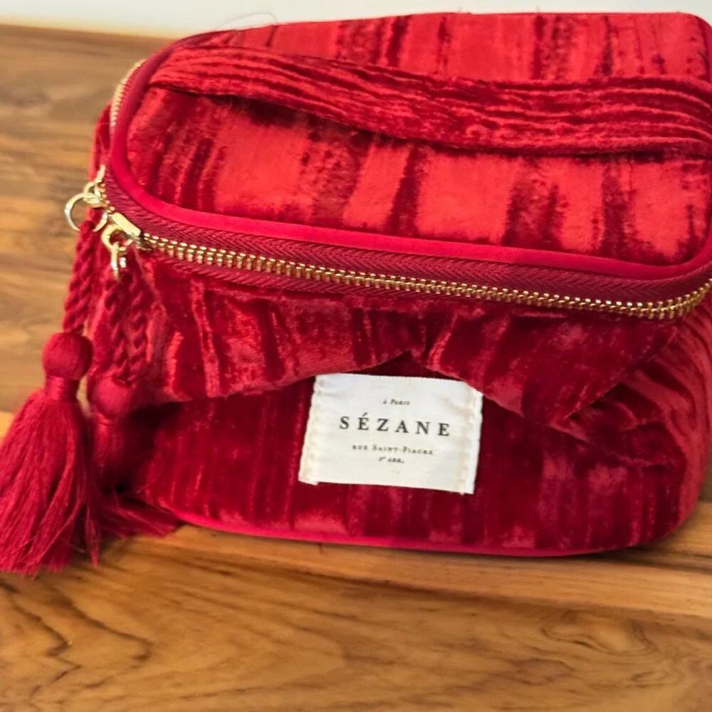 Sezane Lifestyle Crimson Velvet Vanity Case with Tassel and soft handle